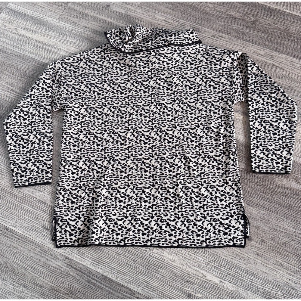 Calvin Klein Leopard Print Black White Cowl Neck Hi-Low Sweater Tunic Women's L - Picture 2 of 8